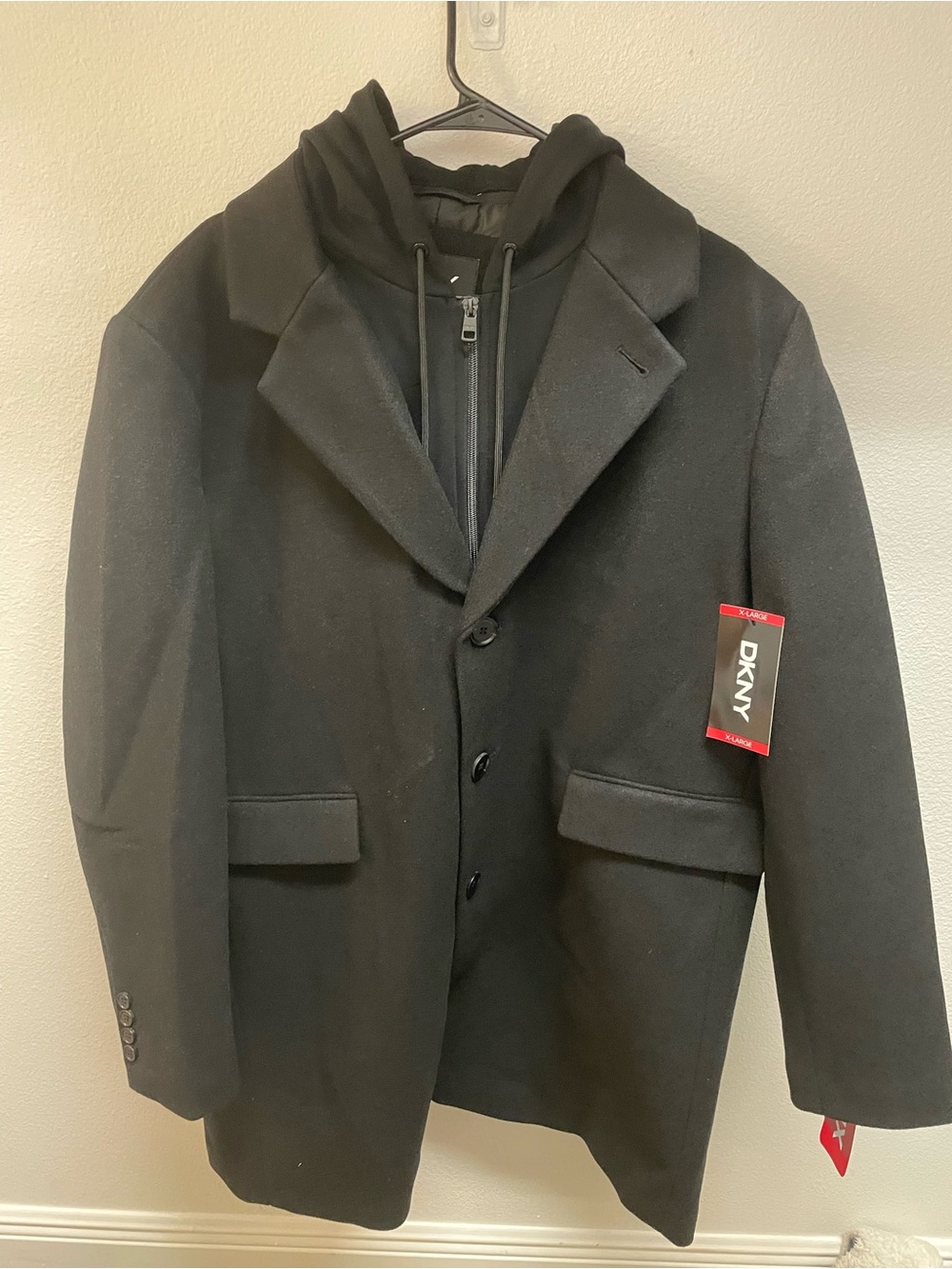 DKNY Wool Blend Peacoat Mens XL Hooded Insert Black New